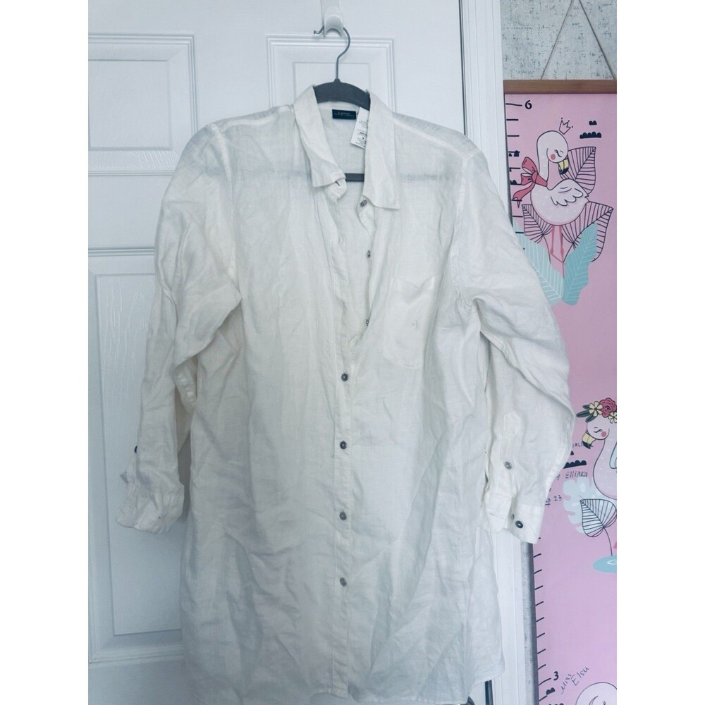 Lauren Ralph Lauren Medium 100% Linen White Tunic Button Up Long Sleeve Womens